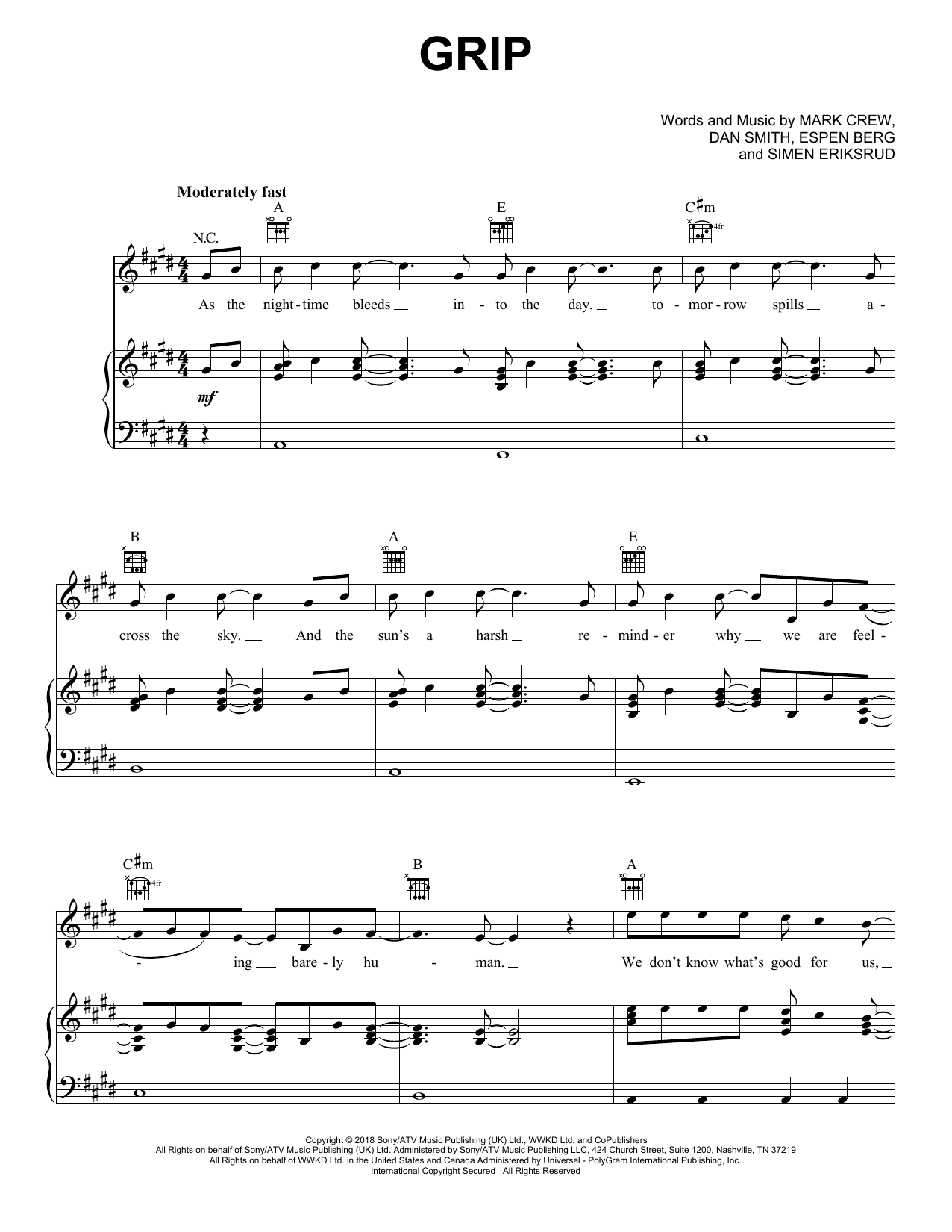 Seeb & Bastille Grip Sheet Music Notes & Chords for Piano, Vocal & Guitar (Right-Hand Melody) - Download or Print PDF