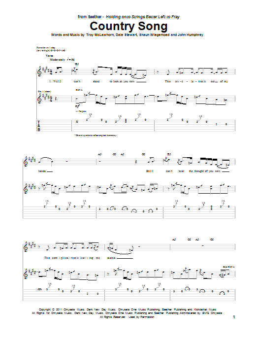 Seether Country Song Sheet Music Notes & Chords for Guitar Tab - Download or Print PDF