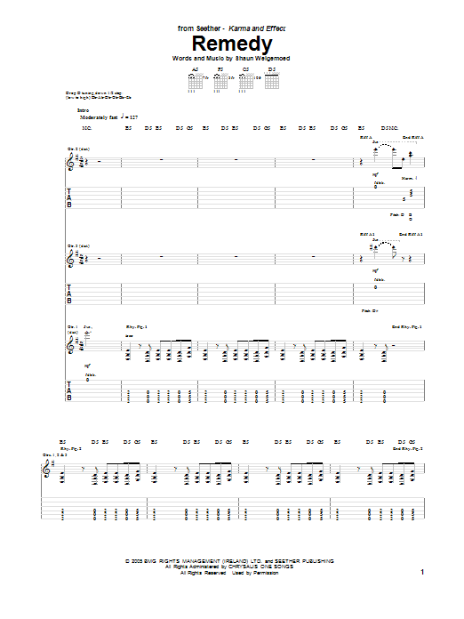 Seether Remedy Sheet Music Notes & Chords for Guitar Tab - Download or Print PDF