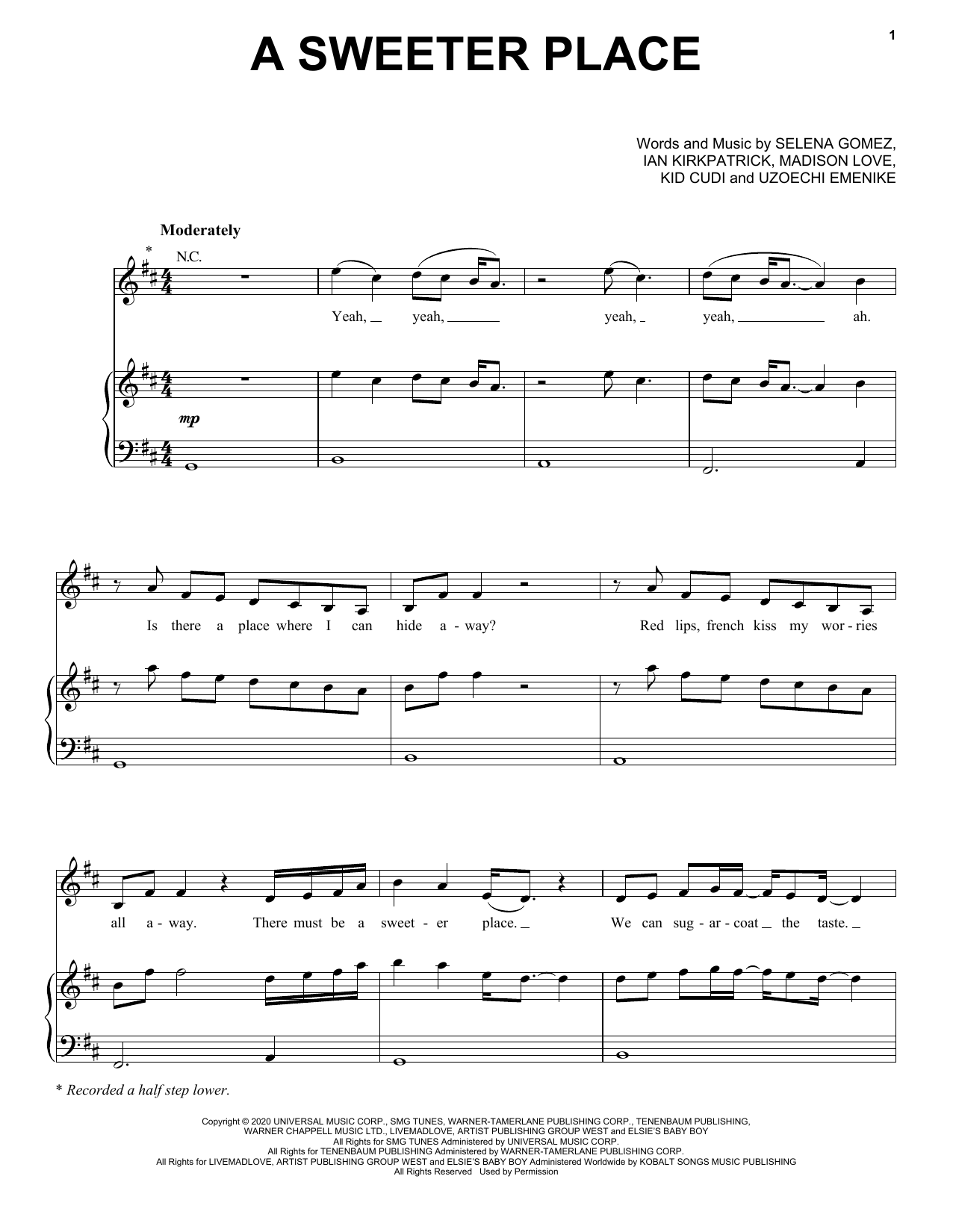Selena Gomez A Sweeter Place (feat. Kid Cudi) Sheet Music Notes & Chords for Piano, Vocal & Guitar (Right-Hand Melody) - Download or Print PDF