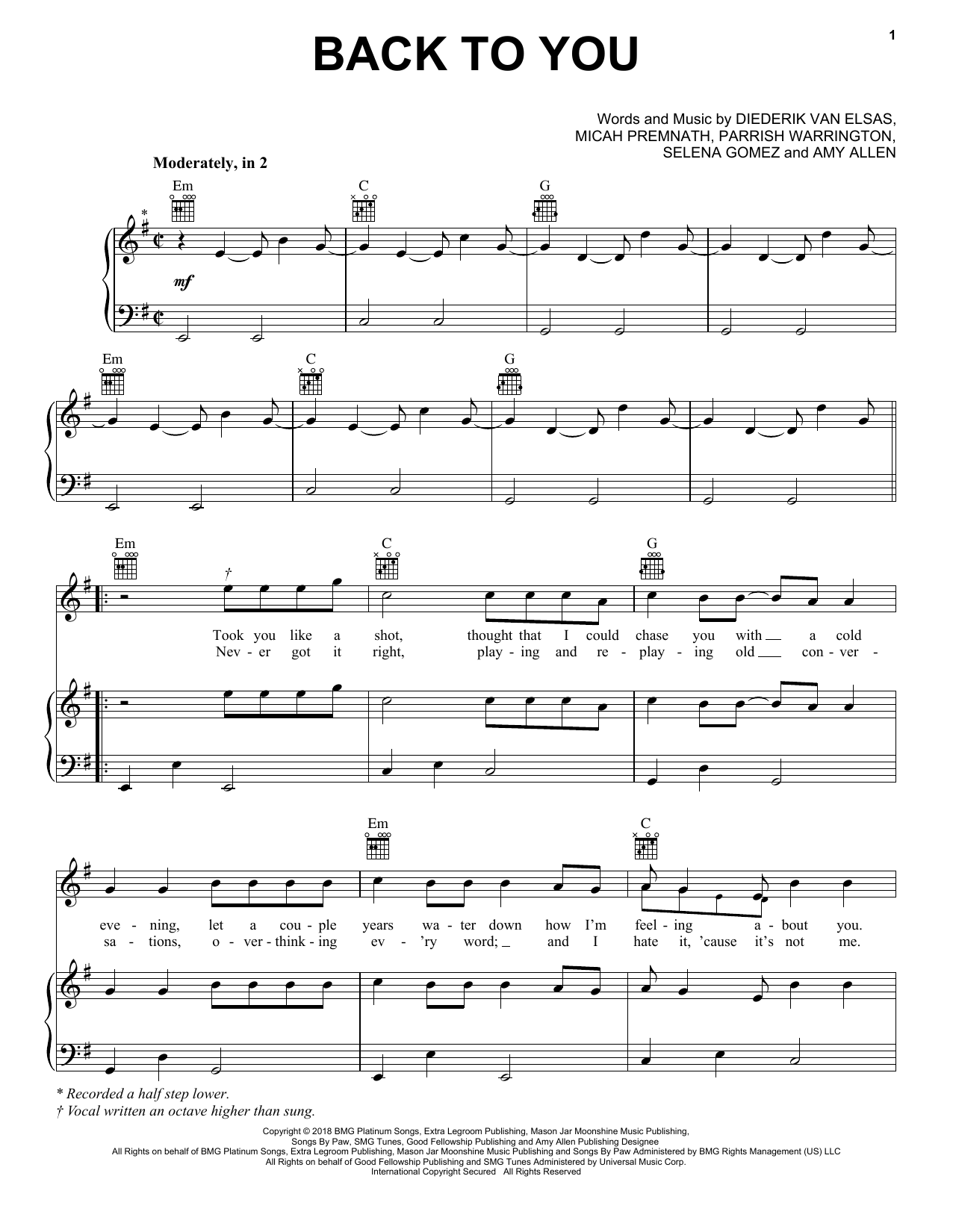 Selena Gomez Back To You Sheet Music Notes & Chords for Piano, Vocal & Guitar (Right-Hand Melody) - Download or Print PDF