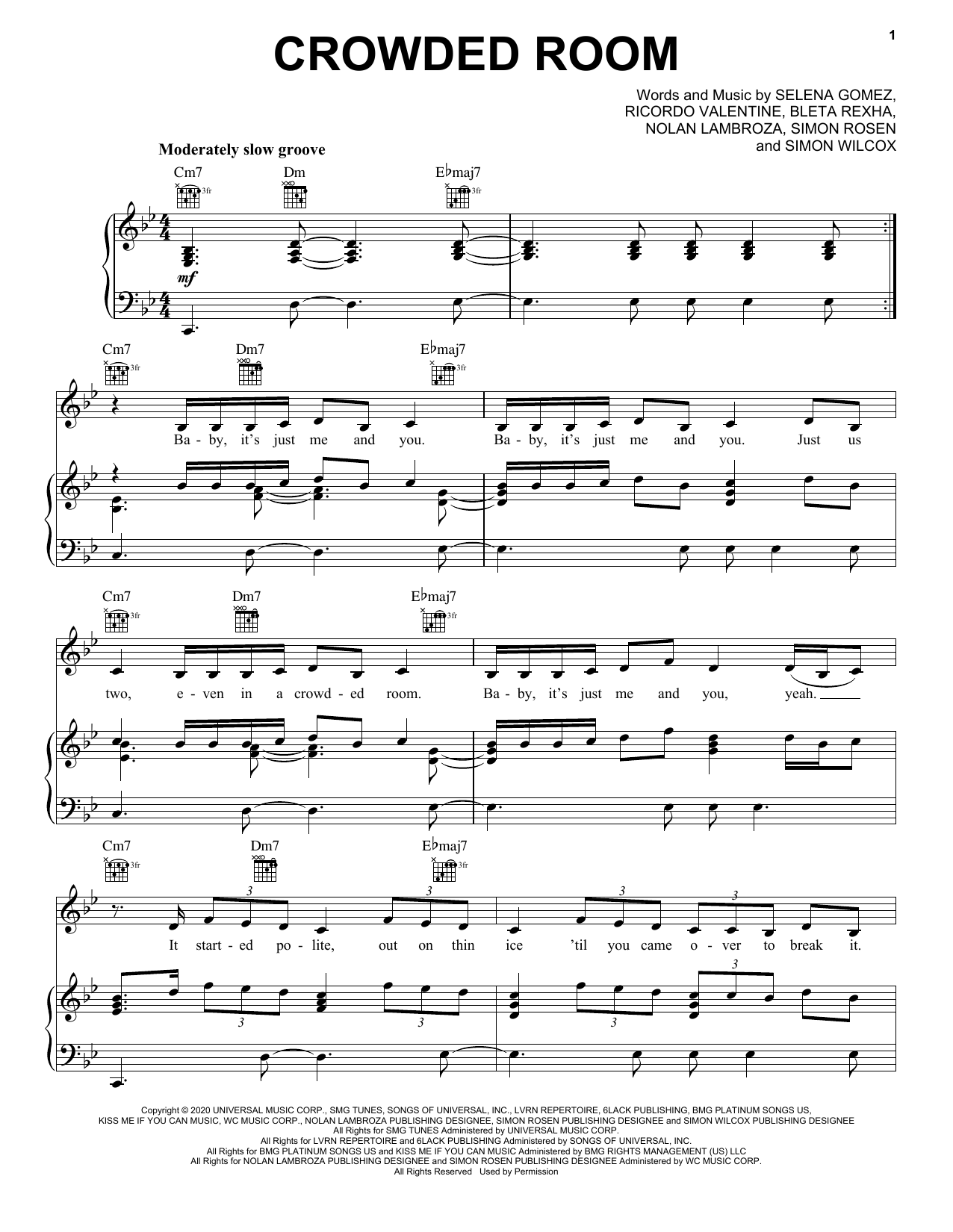 Selena Gomez Crowded Room (feat. 6LACK) Sheet Music Notes & Chords for Piano, Vocal & Guitar (Right-Hand Melody) - Download or Print PDF