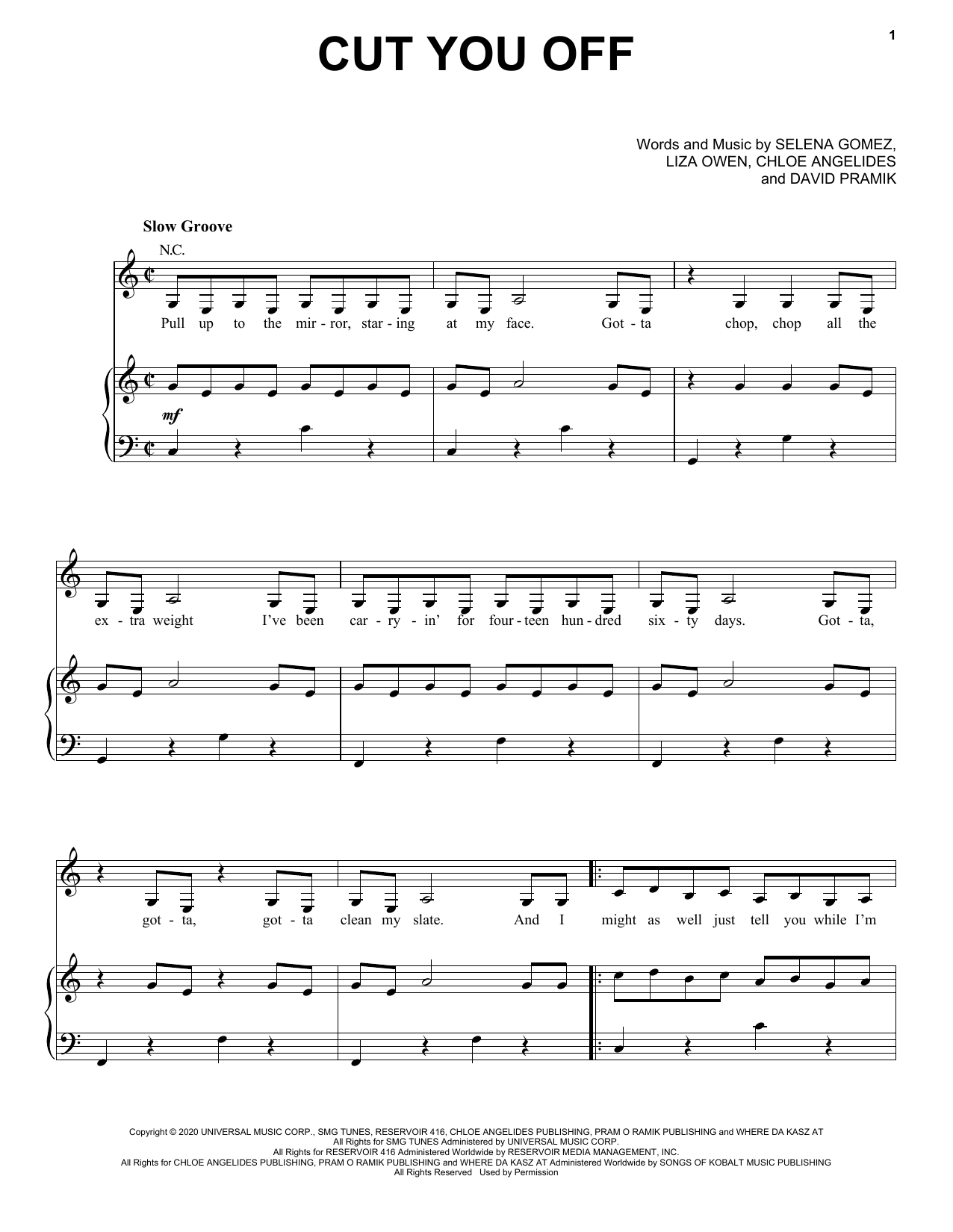 Selena Gomez Cut You Off Sheet Music Notes & Chords for Piano, Vocal & Guitar (Right-Hand Melody) - Download or Print PDF