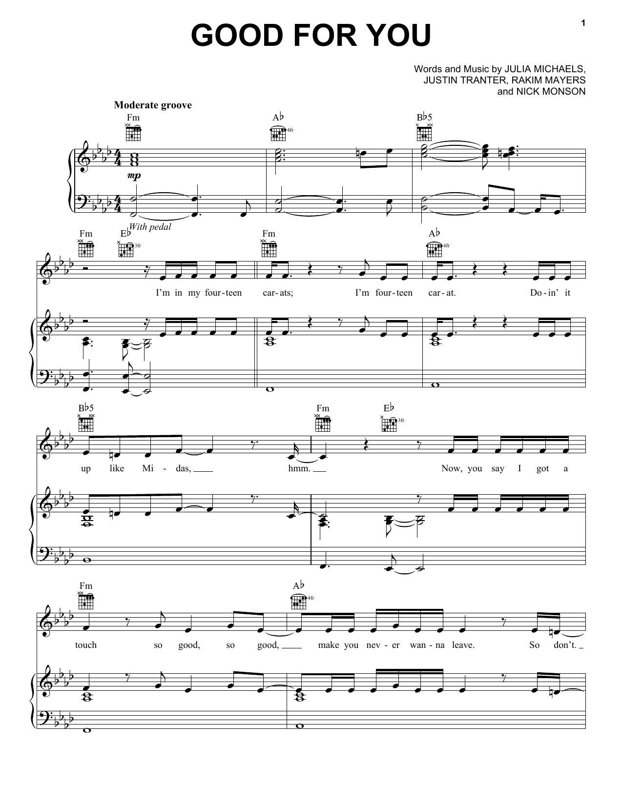 Selena Gomez Good For You Sheet Music Notes & Chords for Piano, Vocal & Guitar (Right-Hand Melody) - Download or Print PDF