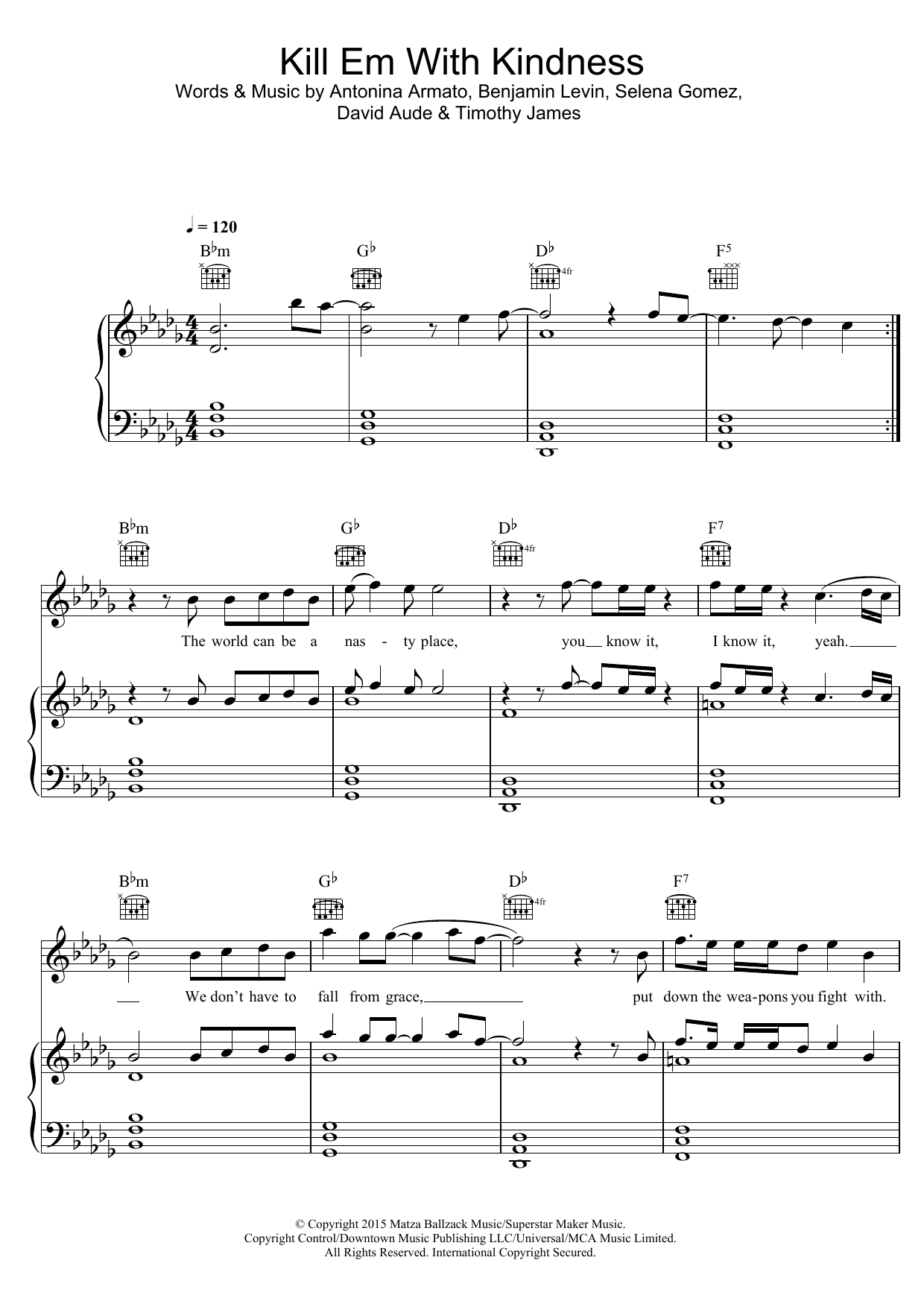 Selena Gomez Kill Em With Kindness Sheet Music Notes & Chords for Piano, Vocal & Guitar (Right-Hand Melody) - Download or Print PDF