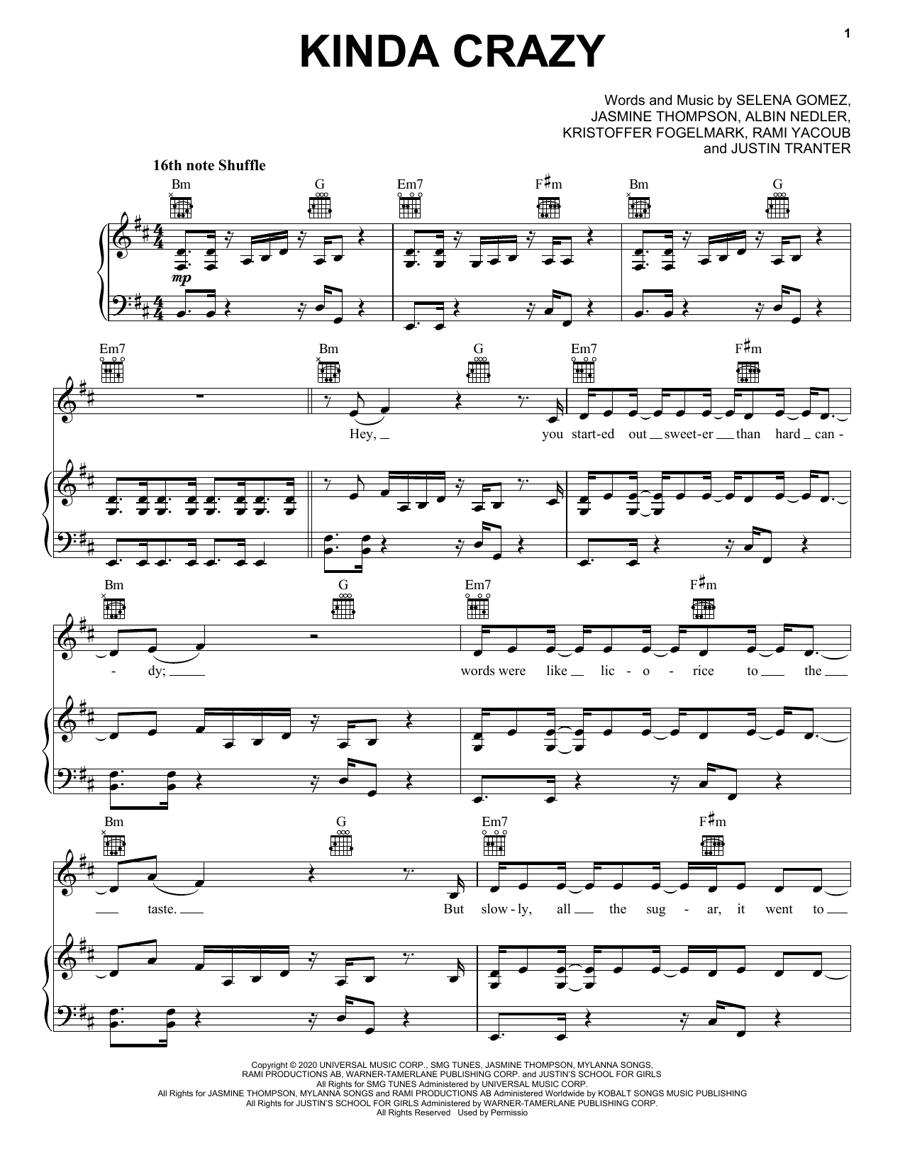Selena Gomez Kinda Crazy Sheet Music Notes & Chords for Piano, Vocal & Guitar (Right-Hand Melody) - Download or Print PDF