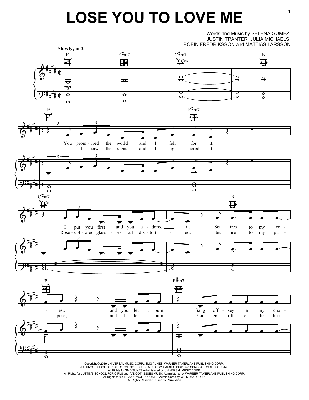 Selena Gomez Lose You To Love Me Sheet Music Notes & Chords for Piano, Vocal & Guitar (Right-Hand Melody) - Download or Print PDF