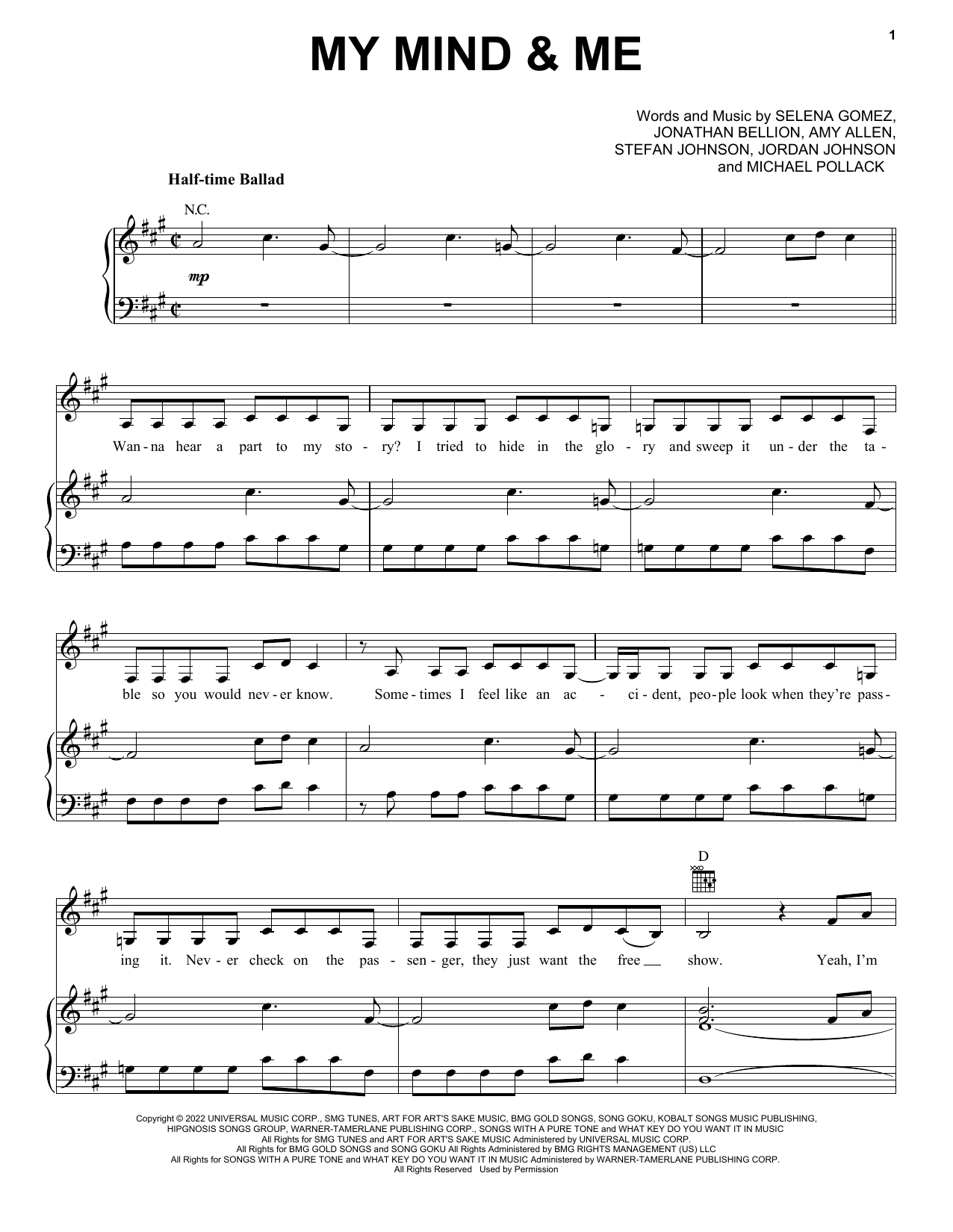 Selena Gomez My Mind & Me Sheet Music Notes & Chords for Piano, Vocal & Guitar Chords (Right-Hand Melody) - Download or Print PDF