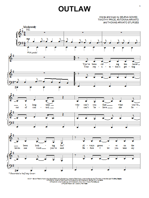 Selena Gomez Outlaw Sheet Music Notes & Chords for Piano, Vocal & Guitar (Right-Hand Melody) - Download or Print PDF