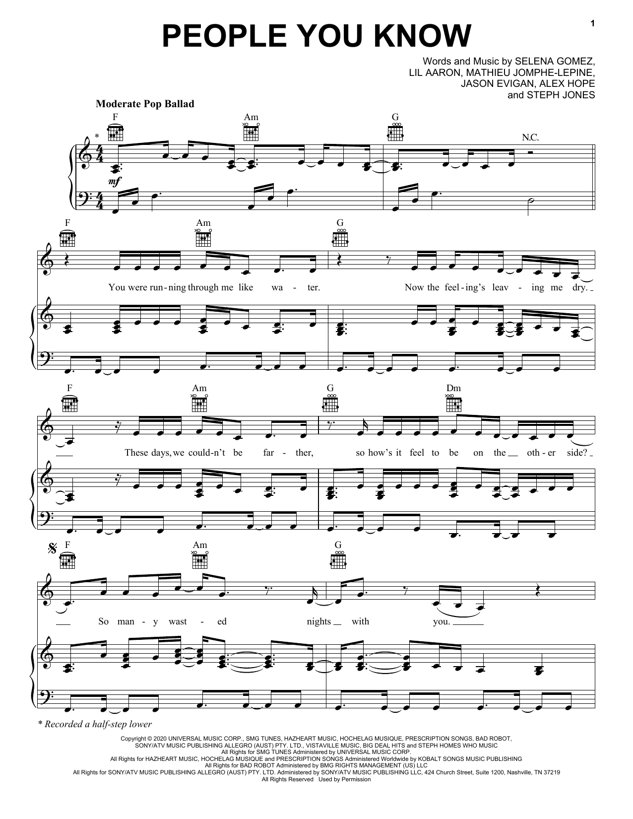 Selena Gomez People You Know Sheet Music Notes & Chords for Piano, Vocal & Guitar (Right-Hand Melody) - Download or Print PDF
