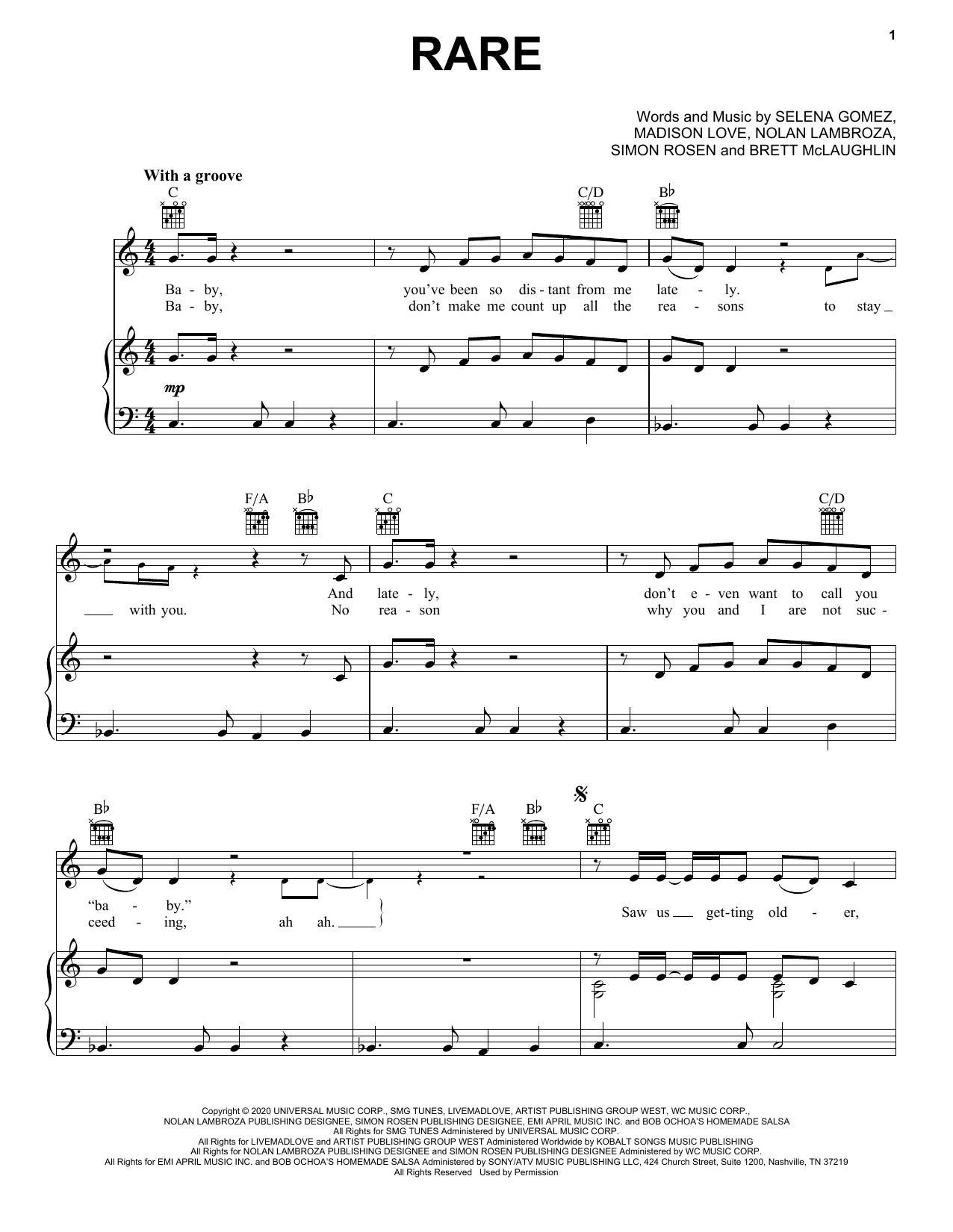 Selena Gomez Rare Sheet Music Notes & Chords for Piano, Vocal & Guitar (Right-Hand Melody) - Download or Print PDF