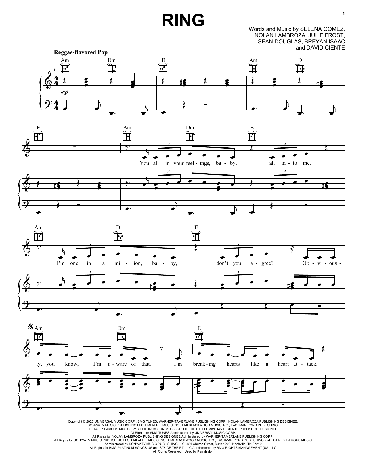 Selena Gomez Ring Sheet Music Notes & Chords for Piano, Vocal & Guitar (Right-Hand Melody) - Download or Print PDF