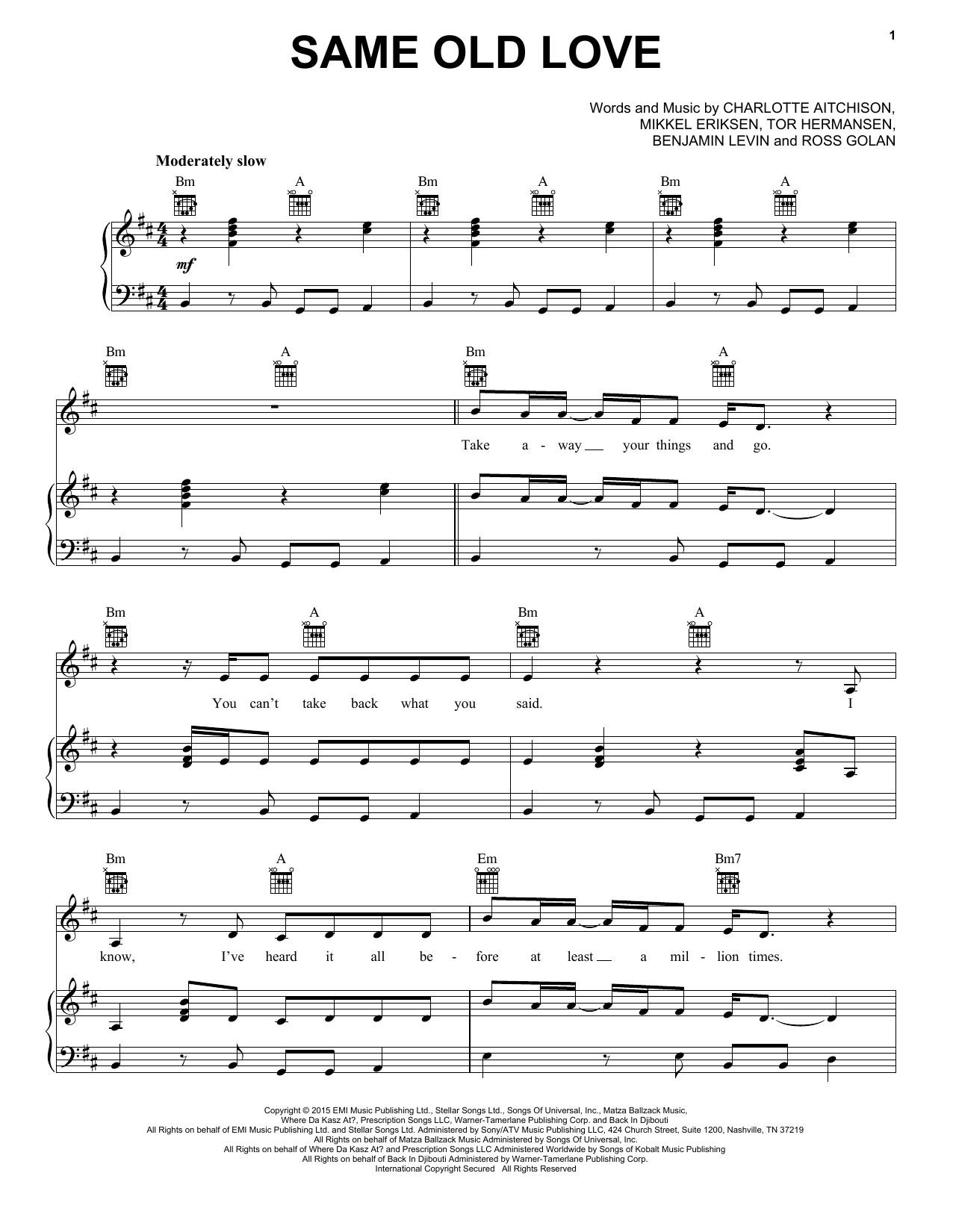 Selena Gomez Same Old Love Sheet Music Notes & Chords for Piano, Vocal & Guitar (Right-Hand Melody) - Download or Print PDF