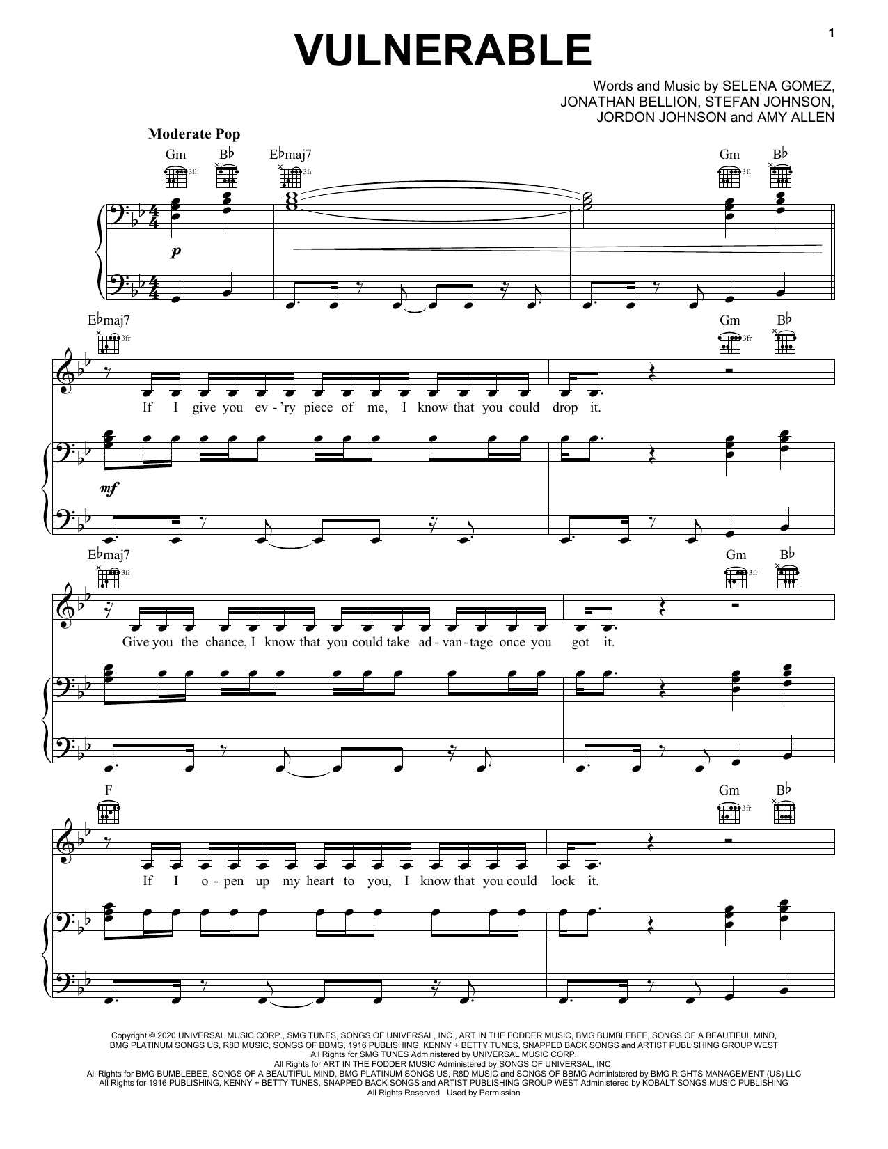Selena Gomez Vulnerable Sheet Music Notes & Chords for Piano, Vocal & Guitar (Right-Hand Melody) - Download or Print PDF