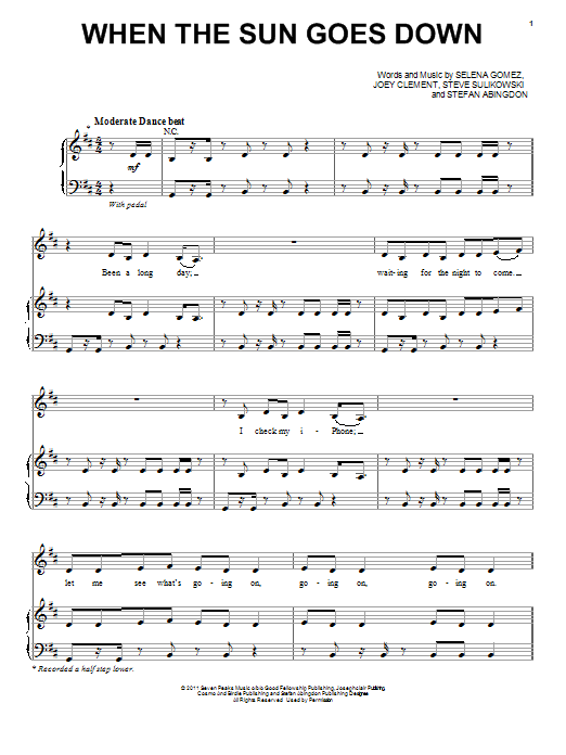 Selena Gomez When The Sun Goes Down Sheet Music Notes & Chords for Piano, Vocal & Guitar (Right-Hand Melody) - Download or Print PDF