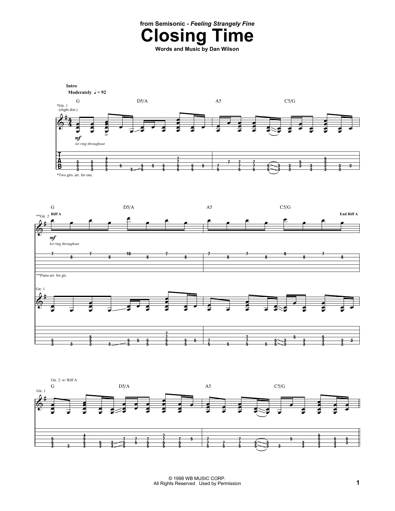 Semisonic Closing Time Sheet Music Notes & Chords for Guitar Tab - Download or Print PDF