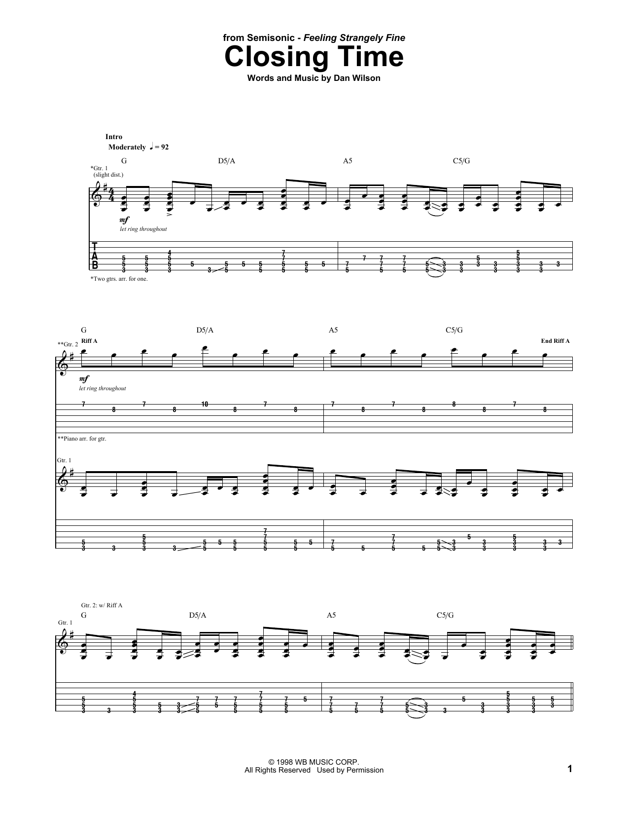 Semisonic Closing Time Sheet Music Notes & Chords for Easy Guitar - Download or Print PDF
