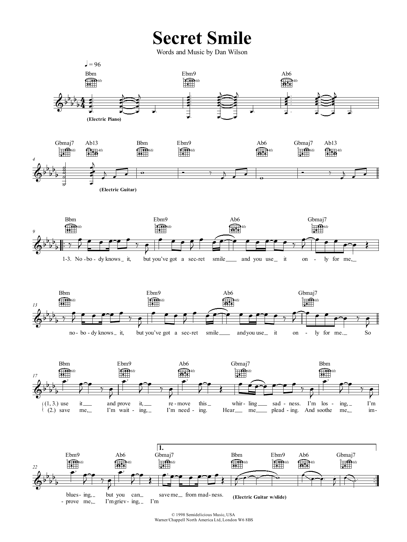 Semisonic Secret Smile Sheet Music Notes & Chords for Piano, Vocal & Guitar (Right-Hand Melody) - Download or Print PDF