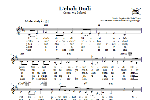 Sephardic Folk Tune L'chah Dodi (Come, My Beloved) Sheet Music Notes & Chords for Melody Line, Lyrics & Chords - Download or Print PDF