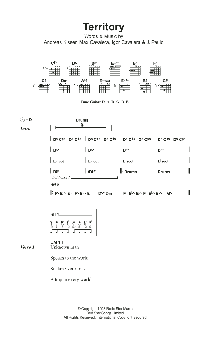 Sepultura Territory Sheet Music Notes & Chords for Lyrics & Chords - Download or Print PDF