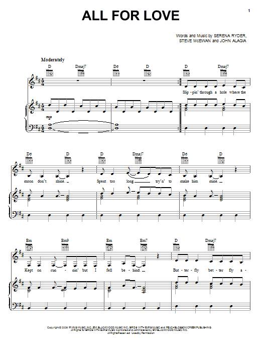 Serena Ryder All For Love Sheet Music Notes & Chords for Piano, Vocal & Guitar (Right-Hand Melody) - Download or Print PDF
