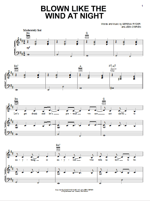 Serena Ryder Blown Like The Wind At Night Sheet Music Notes & Chords for Piano, Vocal & Guitar (Right-Hand Melody) - Download or Print PDF