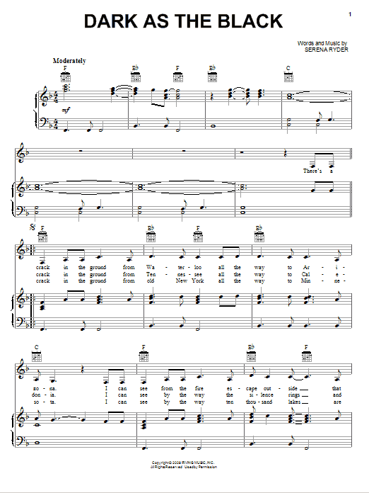 Serena Ryder Dark As The Black Sheet Music Notes & Chords for Piano, Vocal & Guitar (Right-Hand Melody) - Download or Print PDF