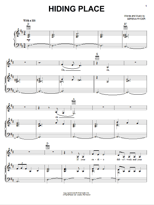 Serena Ryder Hiding Place Sheet Music Notes & Chords for Piano, Vocal & Guitar (Right-Hand Melody) - Download or Print PDF