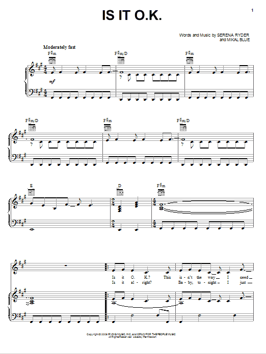Serena Ryder Is It O.K. Sheet Music Notes & Chords for Piano, Vocal & Guitar (Right-Hand Melody) - Download or Print PDF