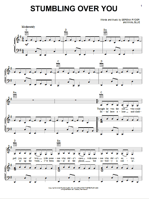 Serena Ryder Stumbling Over You Sheet Music Notes & Chords for Piano, Vocal & Guitar (Right-Hand Melody) - Download or Print PDF