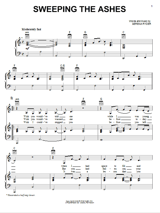 Serena Ryder Sweeping The Ashes Sheet Music Notes & Chords for Piano, Vocal & Guitar (Right-Hand Melody) - Download or Print PDF