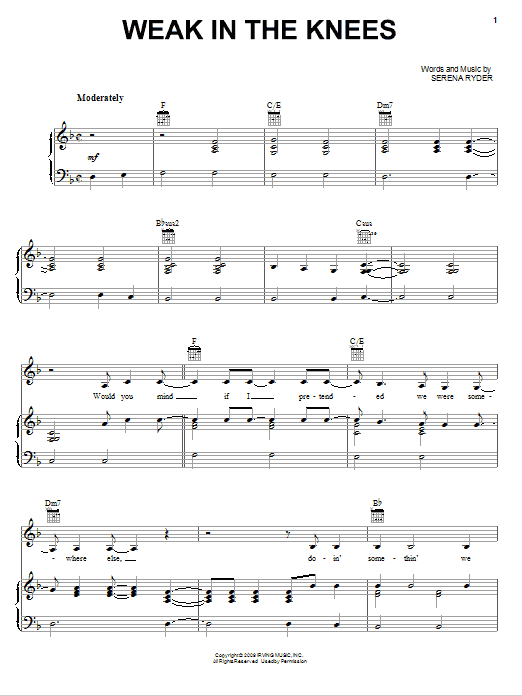 Serena Ryder Weak In The Knees Sheet Music Notes & Chords for Piano, Vocal & Guitar (Right-Hand Melody) - Download or Print PDF