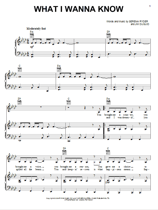Serena Ryder What I Wanna Know Sheet Music Notes & Chords for Piano, Vocal & Guitar (Right-Hand Melody) - Download or Print PDF