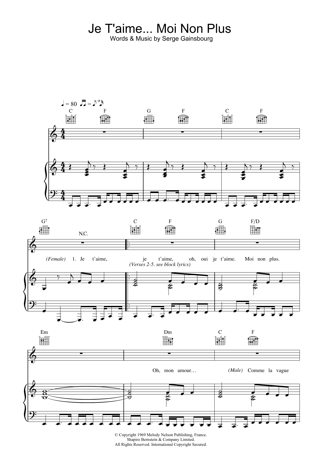 Serge Gainsbourg Je t'aime... moi non plus Sheet Music Notes & Chords for Piano Chords/Lyrics - Download or Print PDF