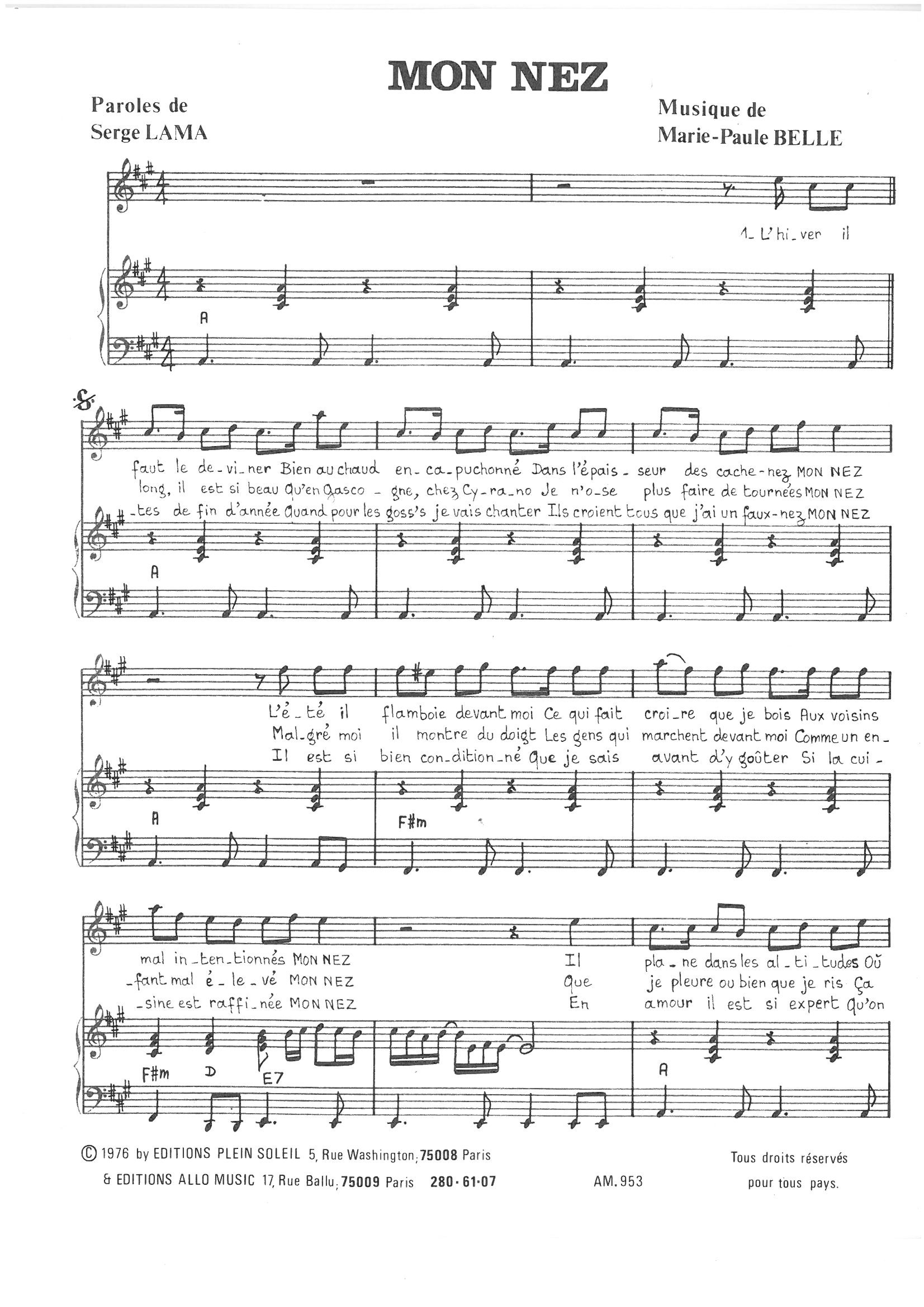 Serge Lama and Marie Paule Belle Mon Nez Sheet Music Notes & Chords for Piano & Vocal - Download or Print PDF