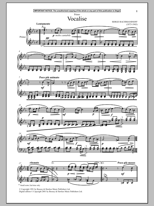 Serge Rachmaninoff Vocalise Sheet Music Notes & Chords for Piano Duet - Download or Print PDF