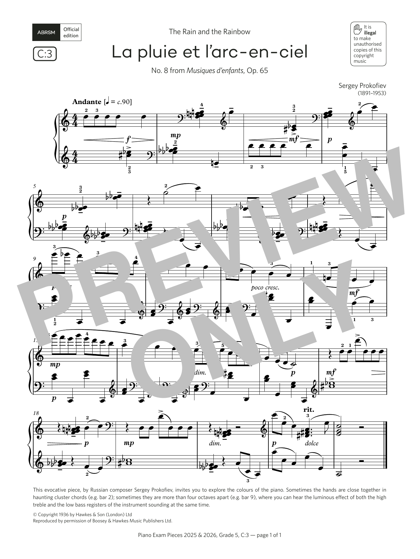 Sergei Prokofiev La pluie et l'arc-en-ciel (Grade 5, list C3, from the ABRSM Piano Syllabus 2025 & 2026) Sheet Music Notes & Chords for Piano Solo - Download or Print PDF