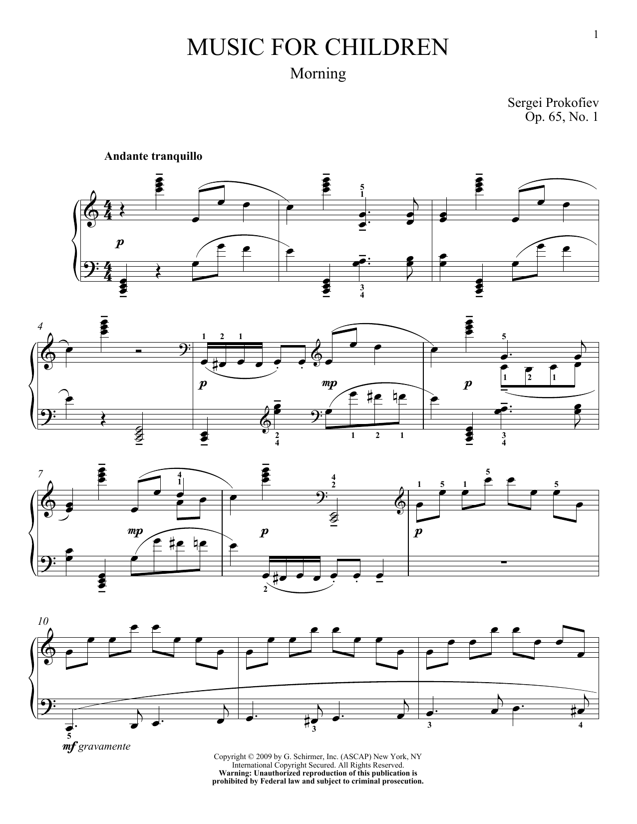 Sergei Prokofiev Morning Sheet Music Notes & Chords for Piano - Download or Print PDF
