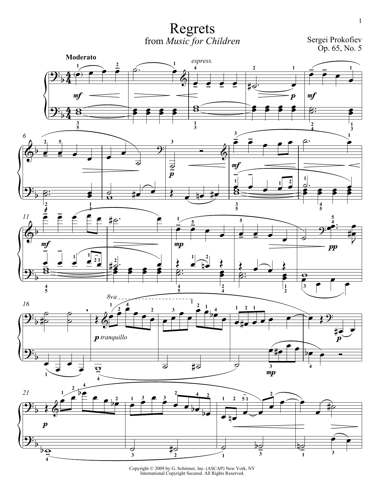 Sergei Prokofiev Regrets Sheet Music Notes & Chords for Piano - Download or Print PDF