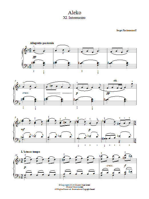 Sergei Rachmaninoff Aleko - No.11 Intermezzo Sheet Music Notes & Chords for Piano - Download or Print PDF