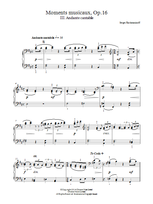 Sergei Rachmaninoff Moments musicaux Op.16, No.3 Andante cantabile Sheet Music Notes & Chords for Piano - Download or Print PDF