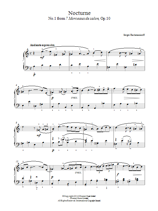 Sergei Rachmaninoff Nocturne (No.1 from 7 Morceaux de salon, Op.10) Sheet Music Notes & Chords for Beginner Piano - Download or Print PDF