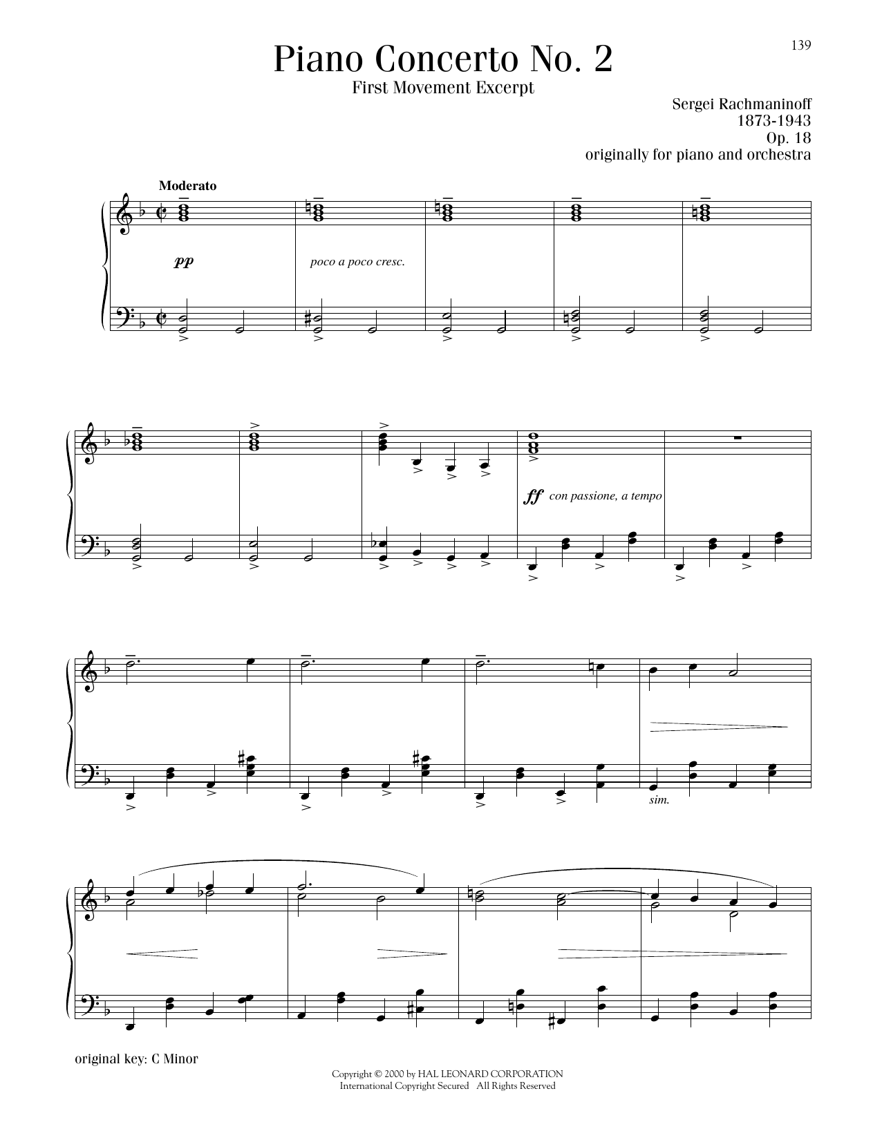 Sergei Rachmaninoff Piano Concerto No. 2, First Movement Excerpt Sheet Music Notes & Chords for Piano Solo - Download or Print PDF
