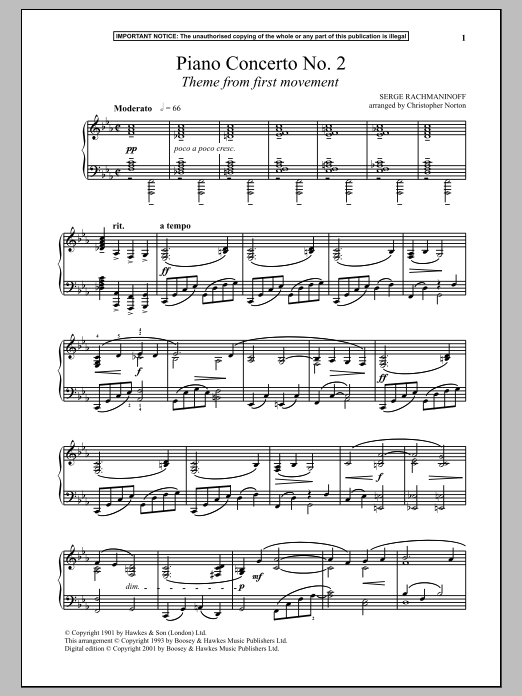 Sergei Rachmaninoff Piano Concerto No. 2, (First Movement Theme) Sheet Music Notes & Chords for Piano Solo - Download or Print PDF