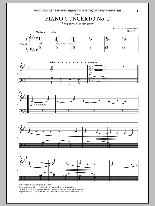 Sergei Rachmaninoff Piano Concerto No. 2 (Theme from First Movement) Sheet Music Notes & Chords for Piano Duet - Download or Print PDF