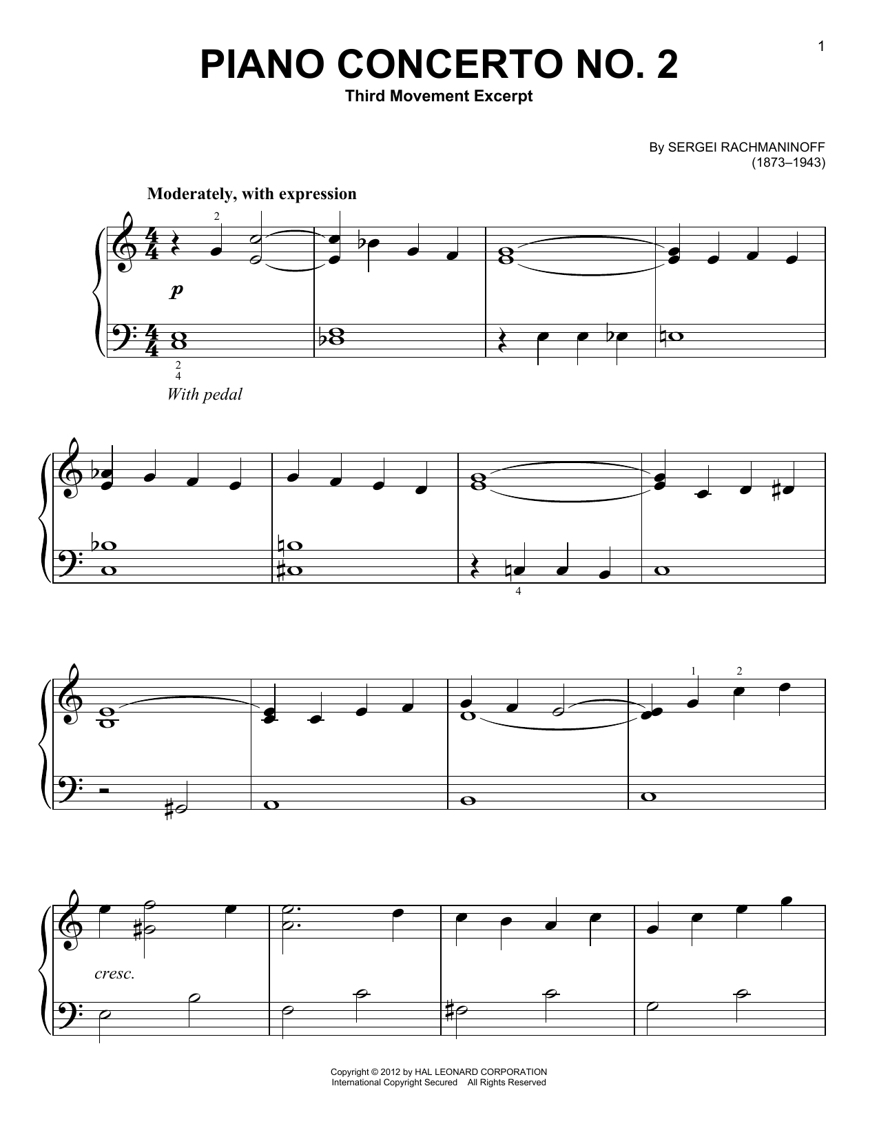 Sergei Rachmaninoff Piano Concerto No. 2, Third Movement Excerpt Sheet Music Notes & Chords for Easy Piano - Download or Print PDF
