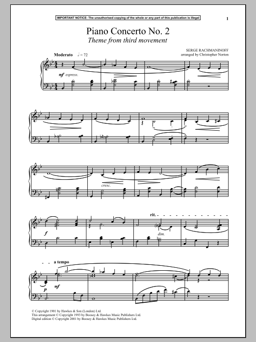 Sergei Rachmaninoff Piano Concerto No. 2, (Third Movement Theme) Sheet Music Notes & Chords for Piano - Download or Print PDF
