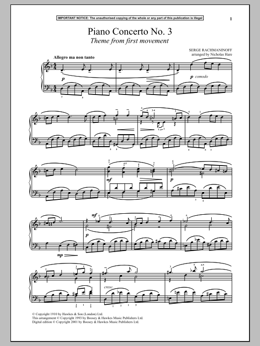 Sergei Rachmaninoff Piano Concerto No. 3, (First Movement Theme) Sheet Music Notes & Chords for Piano - Download or Print PDF