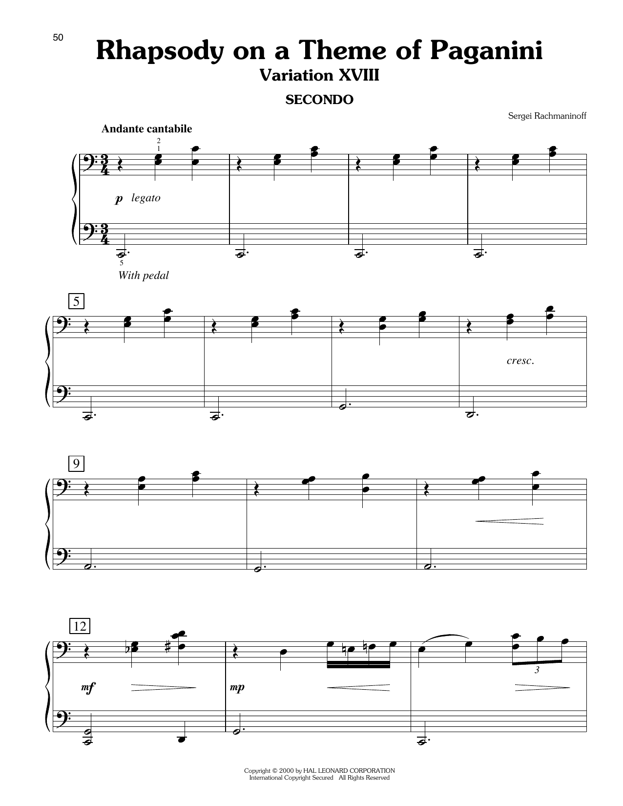 Sergei Rachmaninoff Rhapsody On A Theme Of Paganini, Variation XVIII (arr. Carol Klose) Sheet Music Notes & Chords for Easy Piano Duet - Download or Print PDF
