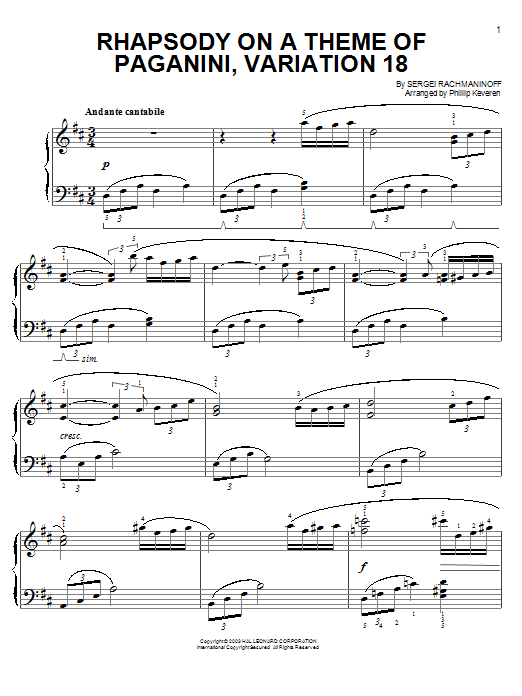 Sergei Rachmaninoff Rhapsody On A Theme Of Paganini, Variation XVIII (from Somewhere in Time) (arr. Phillip Keveren) Sheet Music Notes & Chords for Easy Piano - Download or Print PDF
